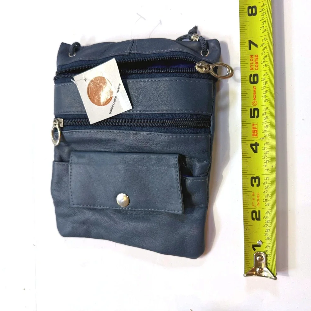 Quality Leather Products Navy Blue Leather Crossbody Passport Bag C13 NWT